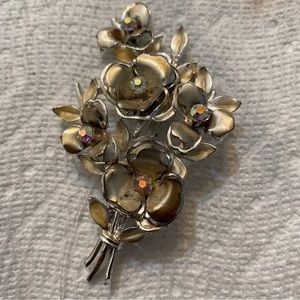 Vintage Coro AB Crystal Floral Brooch silver and gold tones